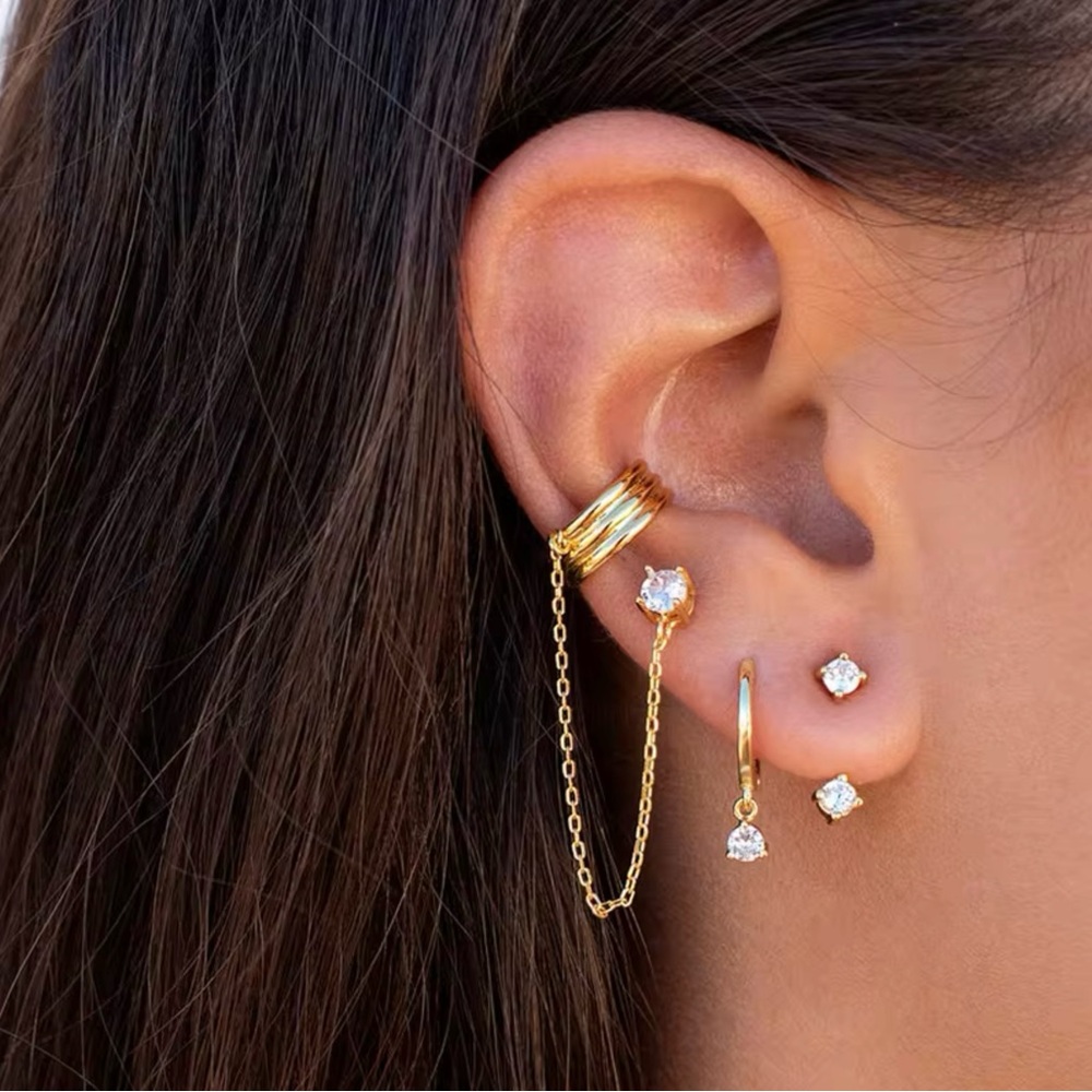 CZ Stud and Cuff Chain Earrings Stainless Steel - Picture 3 of 5